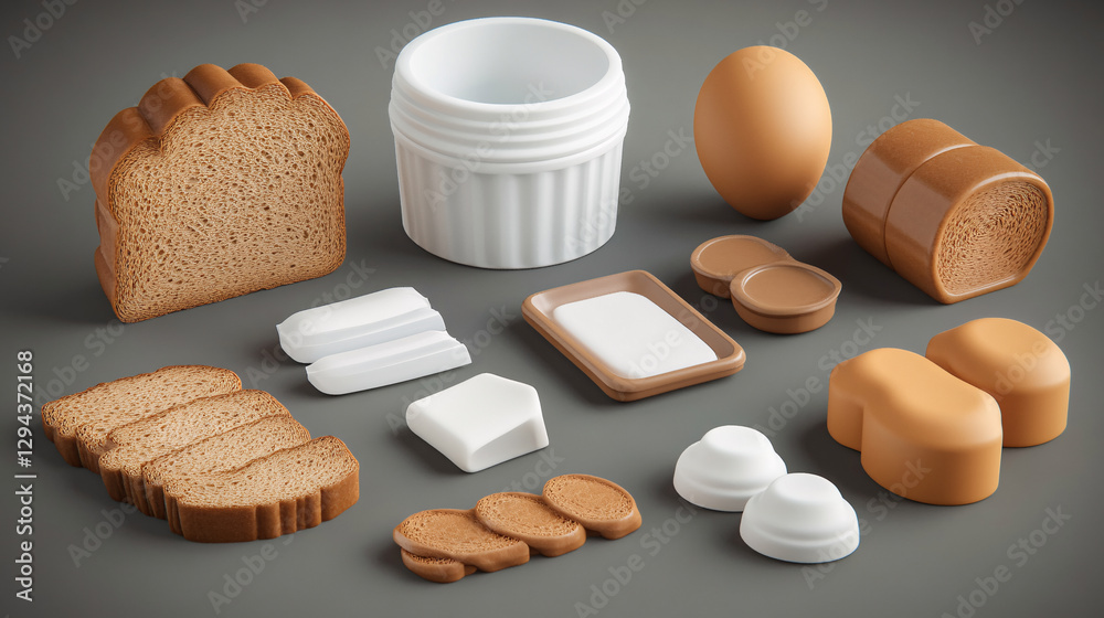 Obraz premium A collection of food items including bread, an egg, and various containers, all displayed on a neutral background.