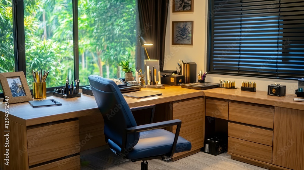Fototapeta premium Modern home office with wooden furniture, organized workspace, and greenery visible outside the window