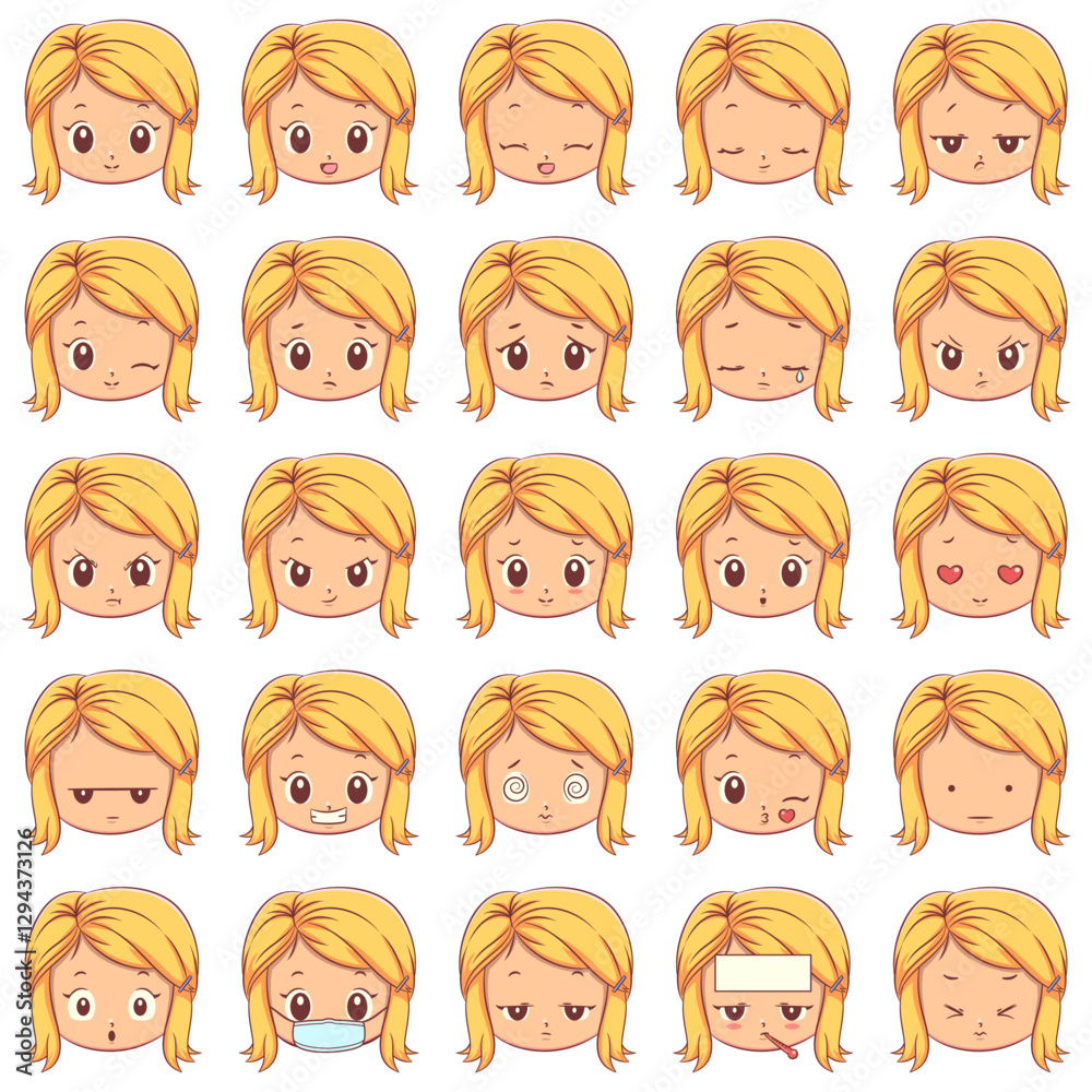 Child face expressions, girl, vector illustration, set collection Child face expressions, girl, vector illustration, set collection