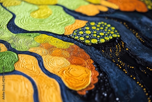 Textured landscape artwork with abstract colors and topographical map inspired pattern photo