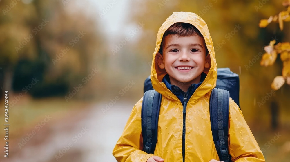 Happy Child in Yellow Rain Jacket Smiling Outdoors in Autumn Happy Child in Yellow Rain Jacket Smiling Outdoors in Autumn