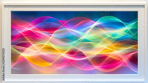 Colorful light waves flowing seamlessly in a vibrant abstract painting with a white frame on a smooth surface