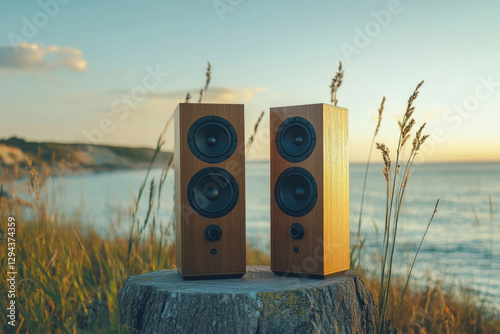Two wooden speakers sit on a tree stump by the ocean, playing music as the sun sets, creating a peaceful and relaxing atmosphere
