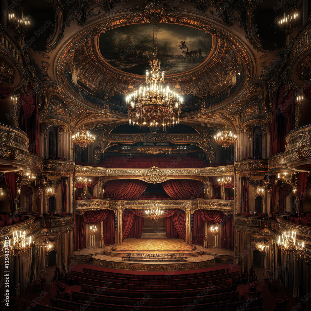 Obraz premium A grand Parisian opera house with lavish chandeliers, ornate balconies, deep red velvet curtains, ultra-detailed high-resolution classic European architecture.