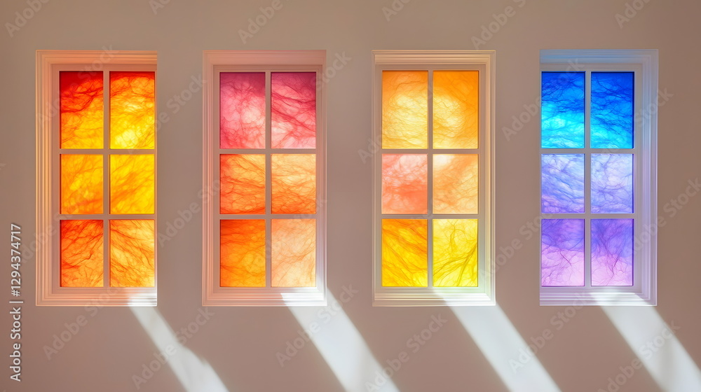 Fototapeta premium Colorful stained glass windows casting vibrant light patterns on a wall creating a warm and inviting atmosphere indoors.