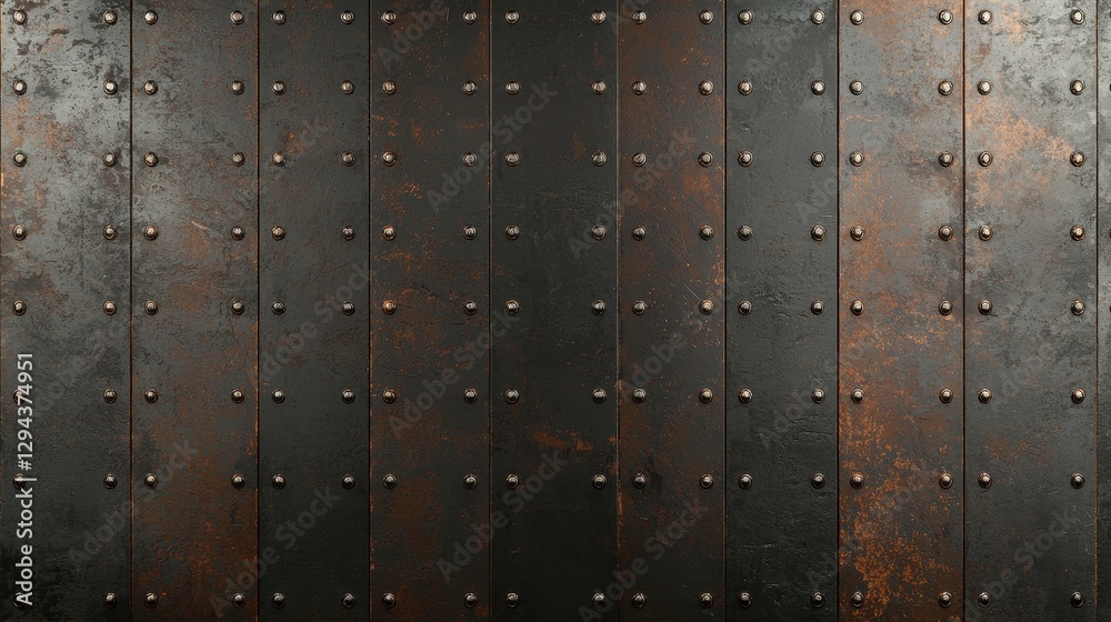 Naklejka premium Metallic Textured Wall with Rivets and Rusty Finish in Dark Tones