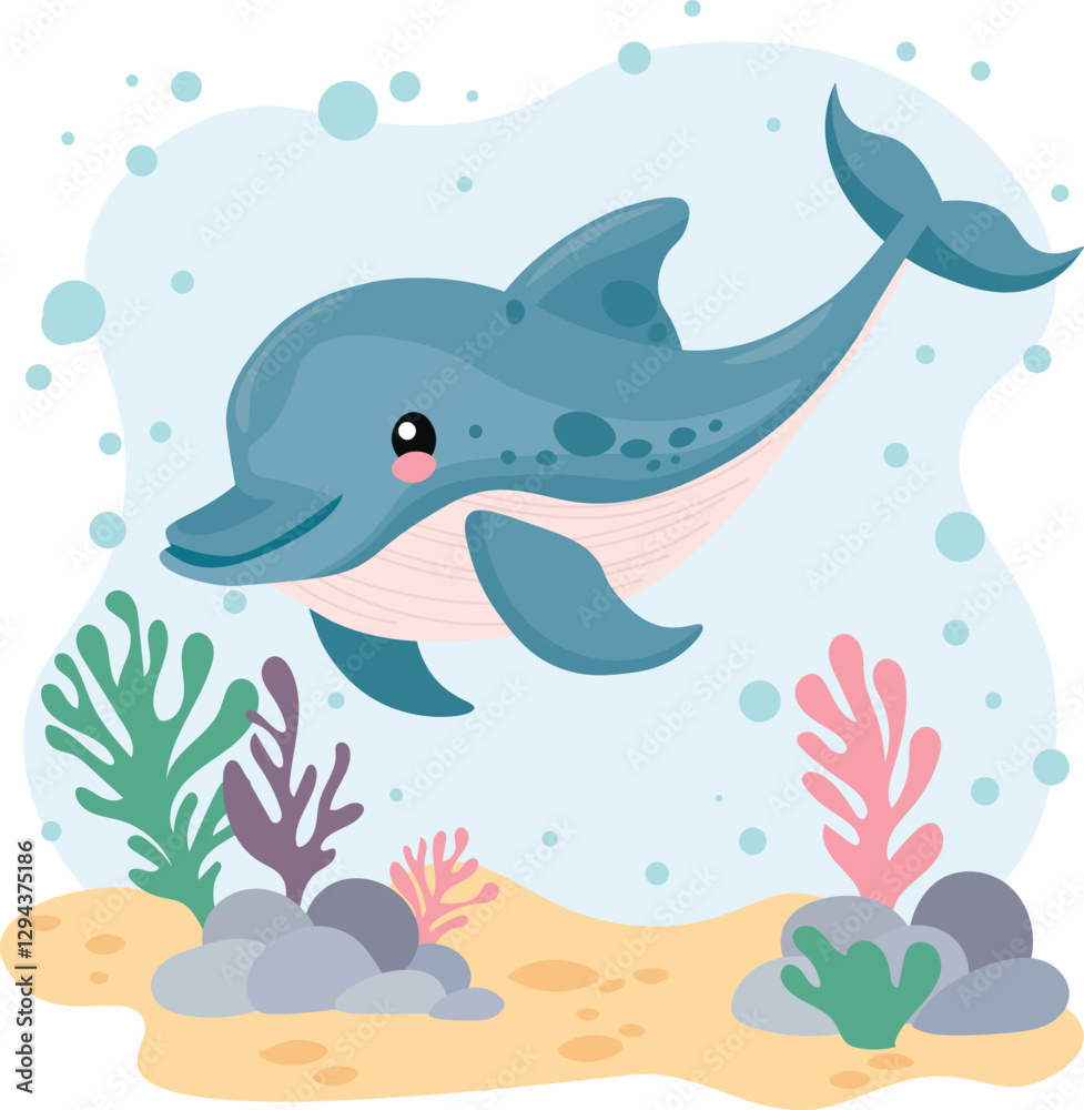 Obraz premium Cute dolphin on a sea background. Postcard, sticker. Children's educational material