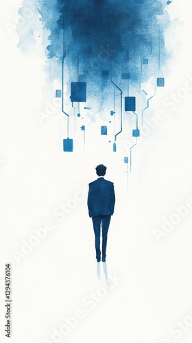 Confident CEO Surrounded by Floating Shapes in Watercolor Style