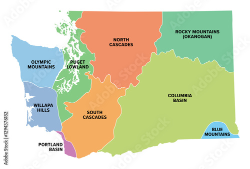 Washington State, land areas, multi colored map. The nine geologic provinces of the state of Washington, the westernmost state in the Pacific Northwest region of United States. Isolated illustration.