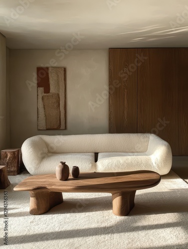 A modern living room with warm tones and a unique design