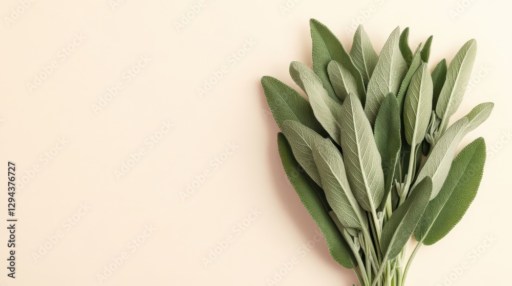 Obraz premium Harvesting fresh sage leaves kitchen herb preparation culinary environment top view natural ingredients