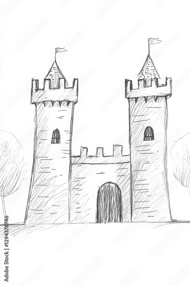 Fototapeta premium Medieval Castle Sketch With Two Towers And Gate Entrance Exterior Architectural Drawing Black And White Line Art Illustration Design And Facade View Drawing Sketch Simple Graphic Image Monochrome