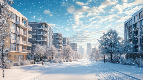 A serene winter scene featuring modern buildings blanketed in snow, under a clear blue sky. The tranquil environment evokes feelings of peace and relaxation.