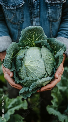 A farmer gently holds a large head of fresh cabbage