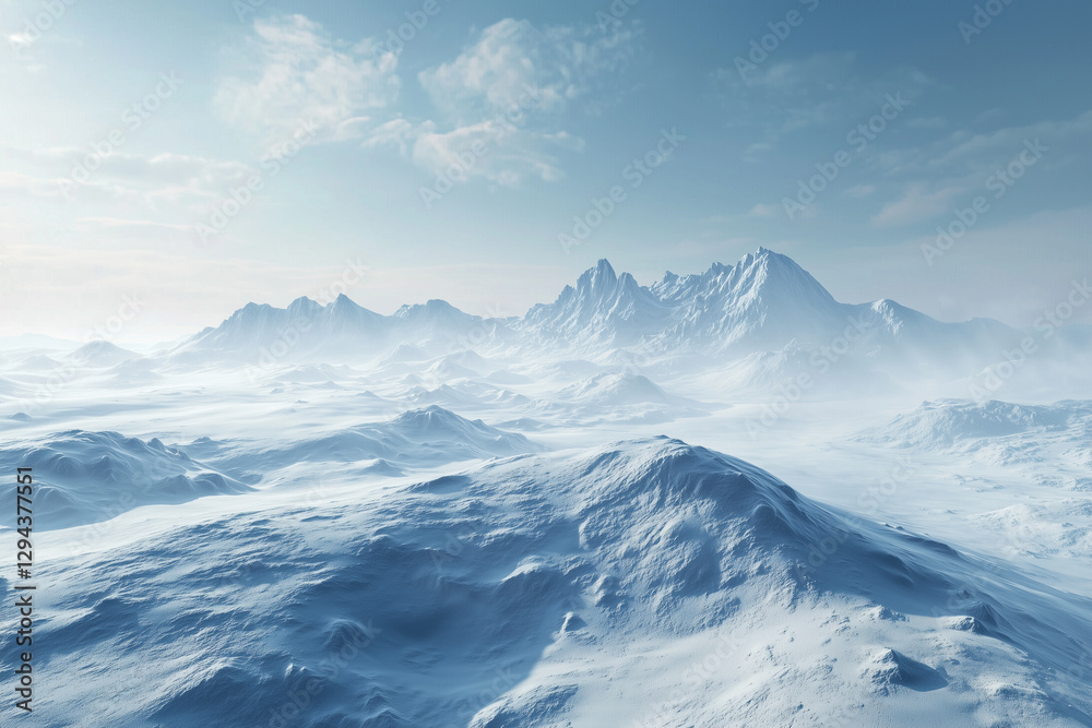 Obraz premium A serene winter landscape featuring majestic snow-covered mountains under a clear sky, evoking feelings of tranquility and solitude.