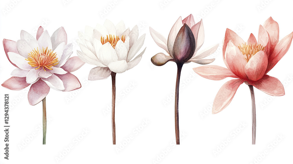 Naklejka premium Delicate watercolor illustrations of blooming water lilies and lotus flowers