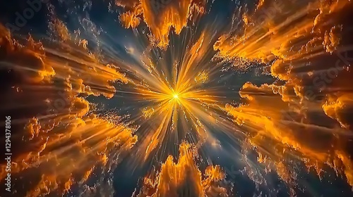 A dramatic sky with rays of sunlight breaking through scattered clouds, creating a warm and inviting atmosphere.