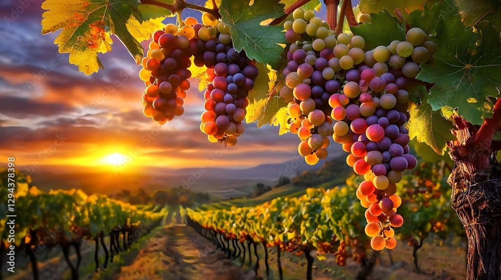 Lush clusters of ripe golden grapes hanging from vibrant vines bathed in the warm glow of a serene sunset over a picturesque vineyard landscape