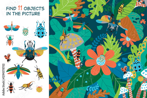 Find 11 insects in the picture. Hidden objects puzzle. Vector illustration for kids