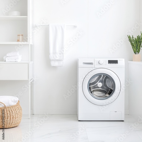 Bright laundry room featuring a modern, white washing machine and clean, minimalist decor