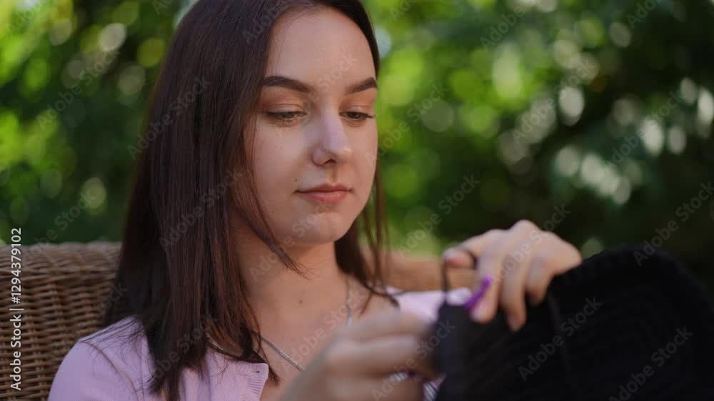 A serene moment captures a young woman engaged in crafting outdoors, surrounded by vibrant colors and nature A serene moment captures a young woman engaged in crafting outdoors, surrounded by vibrant colors and nature