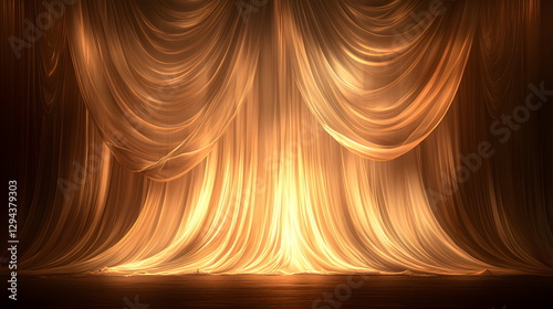 Golden curtains draped elegantly, creating an atmospheric and dramatic background for performances or presentations.