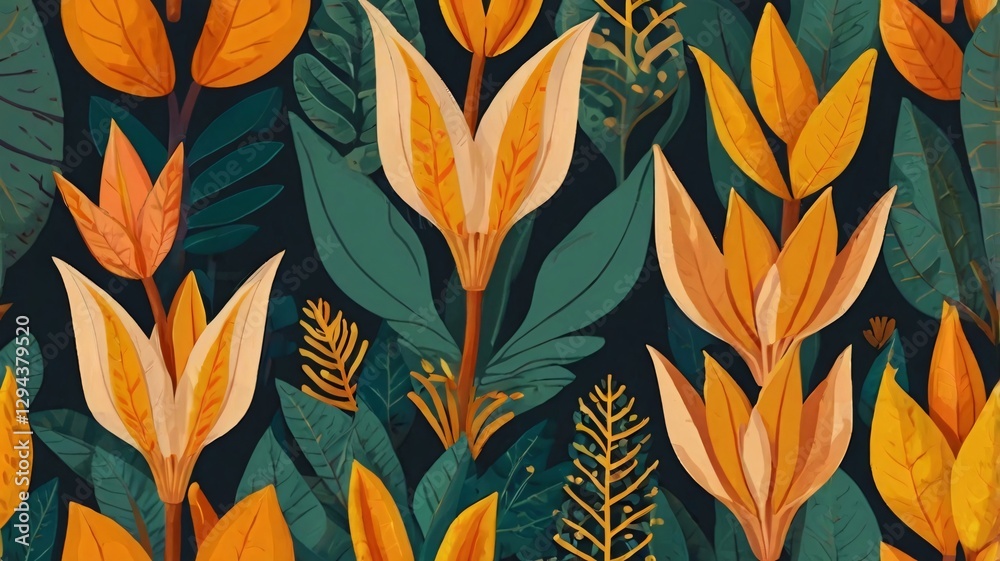 Stylized flat vector illustration of Curcuma Longa, showcasing its rhizome and leaves in a contemporary Thai-inspired pattern. Simplified organic shapes with vibrant yellow and orange hues. Stylized flat vector illustration of Curcuma Longa, showcasing its rhizome and leaves in a contemporary Thai-inspired pattern. Simplified organic shapes with vibrant yellow and orange hues.