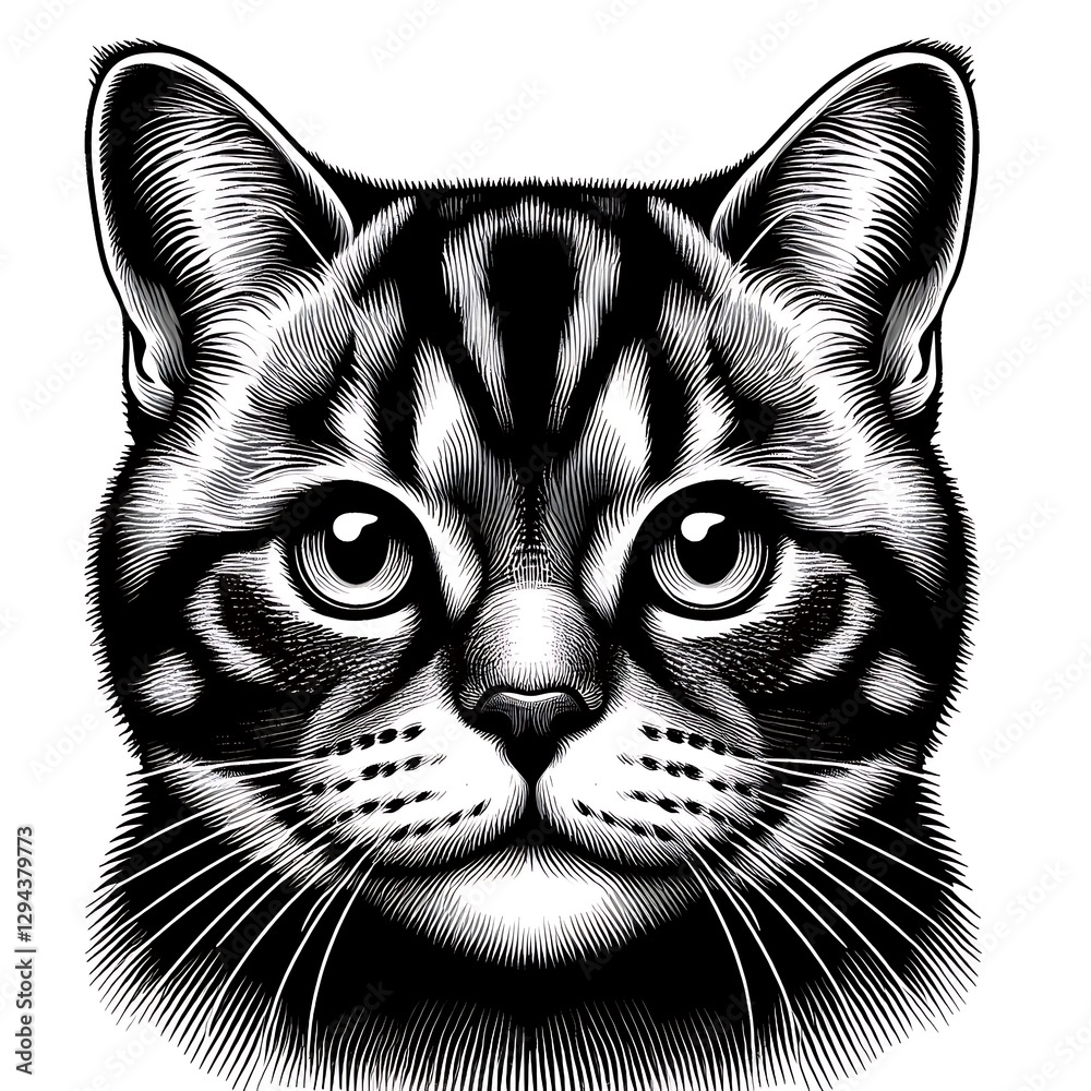 Obraz premium Detailed black and white illustration of a tabby cat's head, focusing on facial features and fur texture..