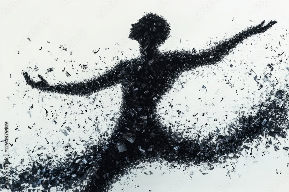 Fototapeta premium Silhouette of a male dancer performing with musical notes exploding around him, expressing the concept of music and dance