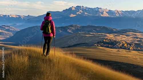 A hiker stands on a sunlit hill, overlooking vast mountains. The golden grass sways gently in the breeze under a serene sky.