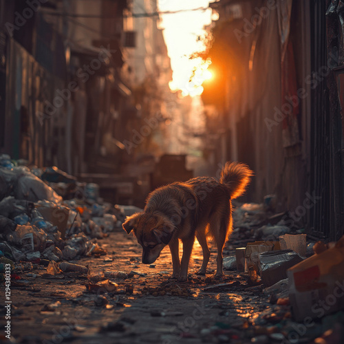 A heartbreaking moment of a stray dog searching for food in a trash-strewn alley, warm sunset lighting, emotive composition, high-detail fur textures, realistic photography, raising awareness 