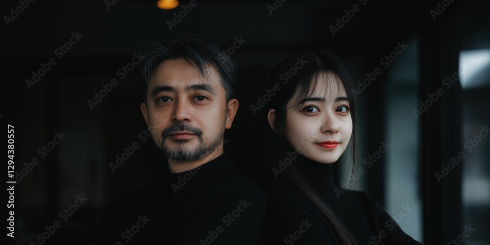 A man and a woman are standing next to each other in a black outfit. The man has a beard and gray hair, while the woman has long hair and a red lip A man and a woman are standing next to each other in a black outfit. The man has a beard and gray hair, while the woman has long hair and a red lip