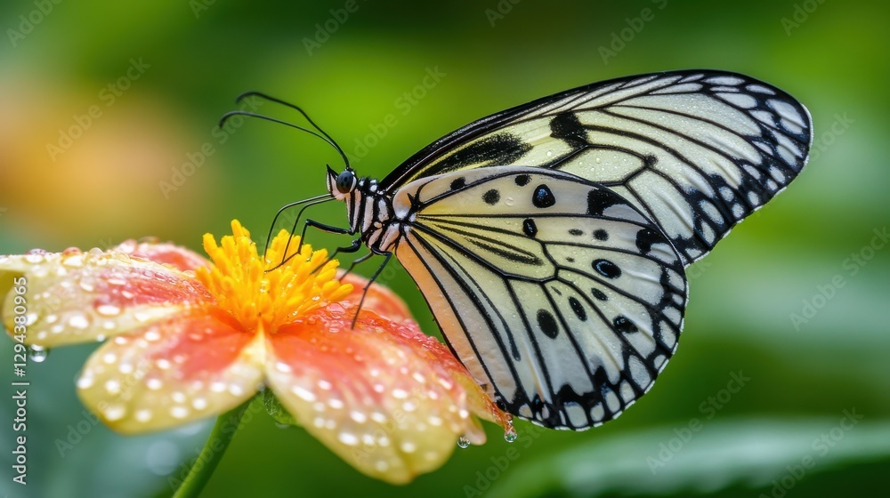 Delicate Butterfly with Black and White Wings on Vibrant Flower Delicate Butterfly with Black and White Wings on Vibrant Flower