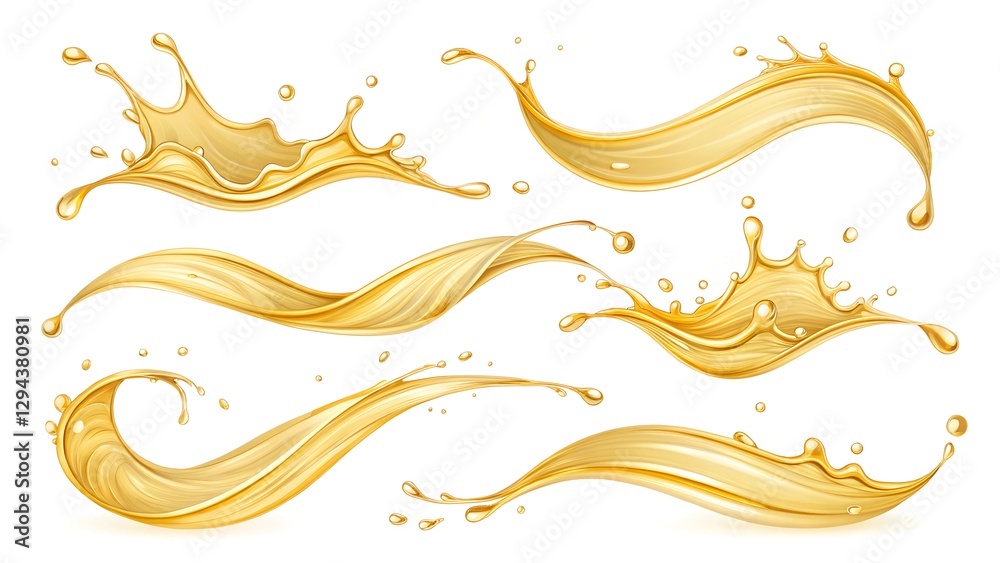 This image features a set of stylized, golden liquid splashes and waves This image features a set of stylized, golden liquid splashes and waves