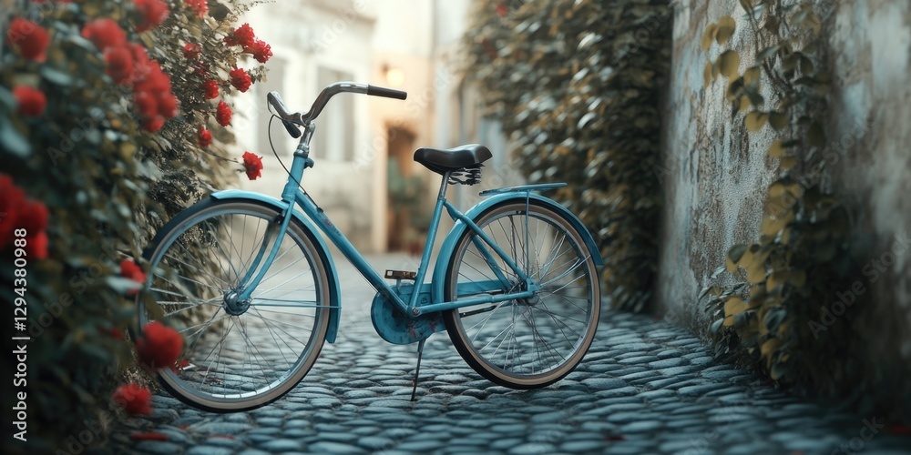 Fototapeta premium Blue Bicycle on Cobblestone Street