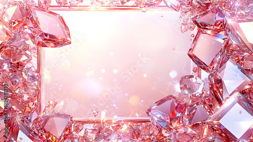 Sparkling pink diamonds arranged around a blank frame with a soft light and shimmering background, perfect for decorative designs.