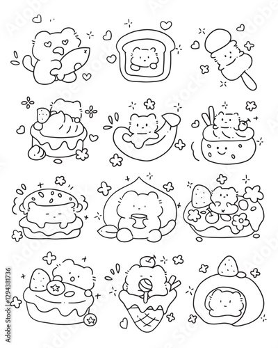 A black and white digital line drawing featuring tiny, adorable cats interacting with various food items like cakes, sandwiches, ice cream, and fruit. 