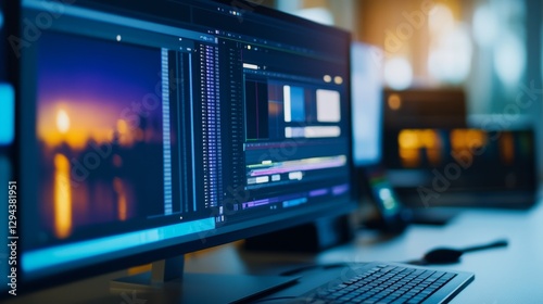 Wallpaper Mural Modern workspace featuring dual monitors displaying vibrant sunset visuals and editing software Torontodigital.ca