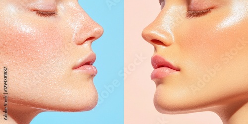 A side-by-side comparison of tired skin vs. radiant, healthy skin after Vitamin B intake, close-up beauty shot, studio lighting photo