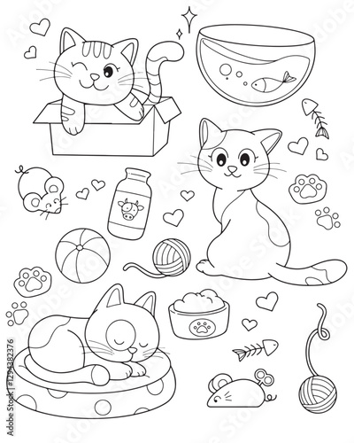 A black and white digital line drawing featuring tiny, adorable cats  kawaii style illustration is perfect for coloring activities.
