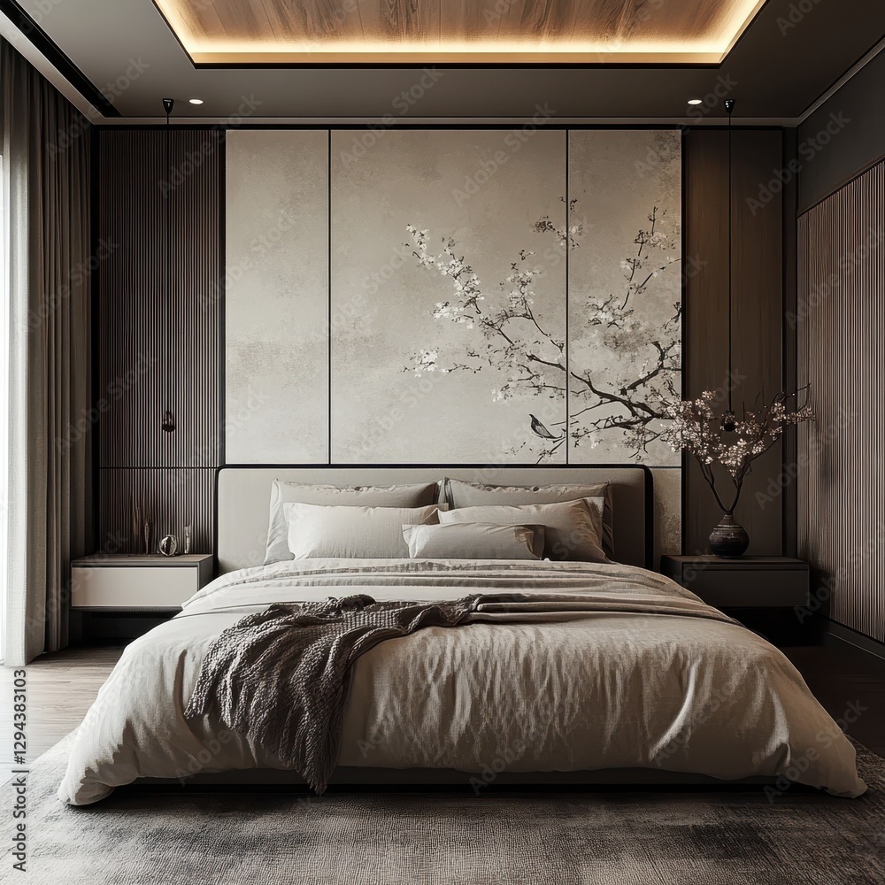Fototapeta premium Elegant bedroom features soft light and a floral scene
