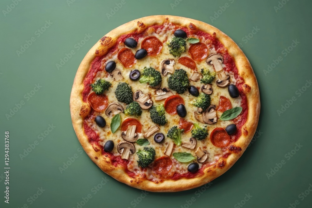 Overhead shot of a mouthwatering pizza topped with broccoli, pepperoni, mushrooms, and olives, showcasing vibrant colors and textures against a green backdrop Overhead shot of a mouthwatering pizza topped with broccoli, pepperoni, mushrooms, and olives, showcasing vibrant colors and textures against a green backdrop