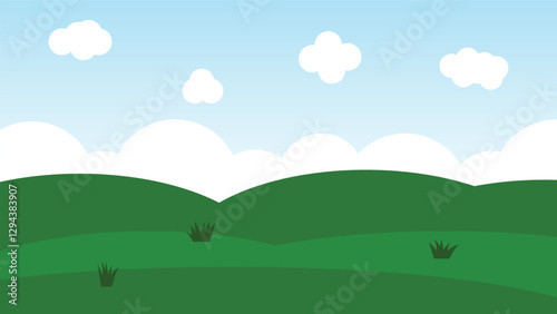 green field with white fluffy cloud on blue sky background. landscape cartoon scene decoration
