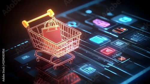 Sleek and minimalist shopping cart with glowing neon outlines and futuristic digital design showcasing a modern e commerce concept on a dark gradient background