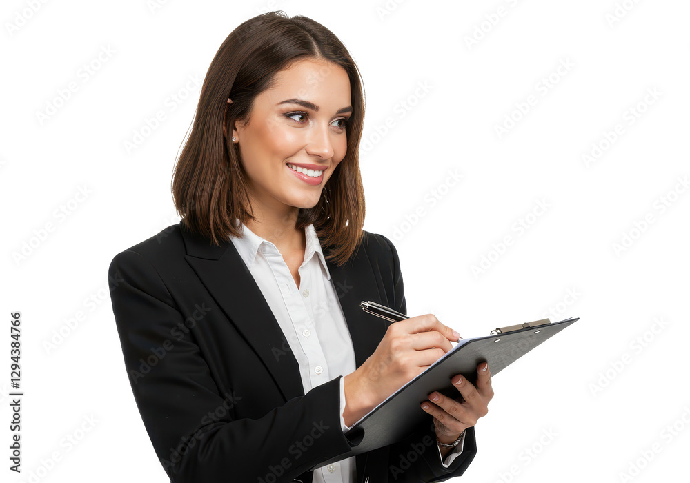 A young professional woman holds a clipboard in one hand and a pen in the other isolated on transparent background A young professional woman holds a clipboard in one hand and a pen in the other isolated on transparent background