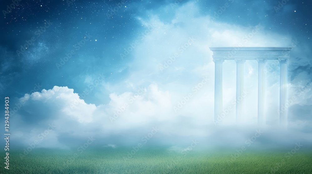 Naklejka premium Serene sky meets majestic white pillar, a captivating scene of architectural grandeur and natural beauty