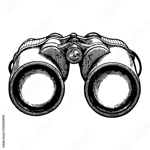 Binoculars Front View Detailed Exploration Black and White Outline Line Art Drawing