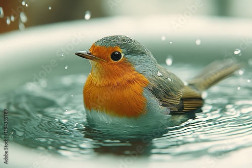 A Delightful Robin Taking a Bath with Water Droplets Floating Around Its Head