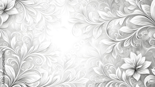 Elegant floral pattern design with white flowers and swirling leaves on a soft grey background with light accents.