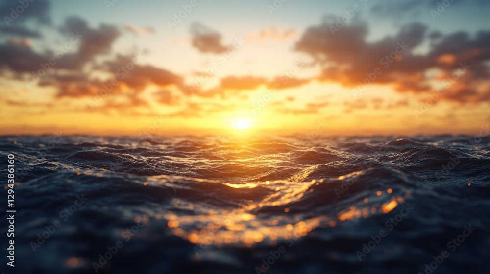 Fototapeta premium Aerial view of sunset over dark blue ocean waves with textured water surface and colorful sky